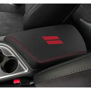 YOSRTER for Dodge Challenger Accessories 2015 2016 2017 2018 2019 2020 2021 2022 2023 2024 Center Console Armrest Cover Interior Box Anti-Scratch Leather Central Armrest Decoration (Red Stitches)