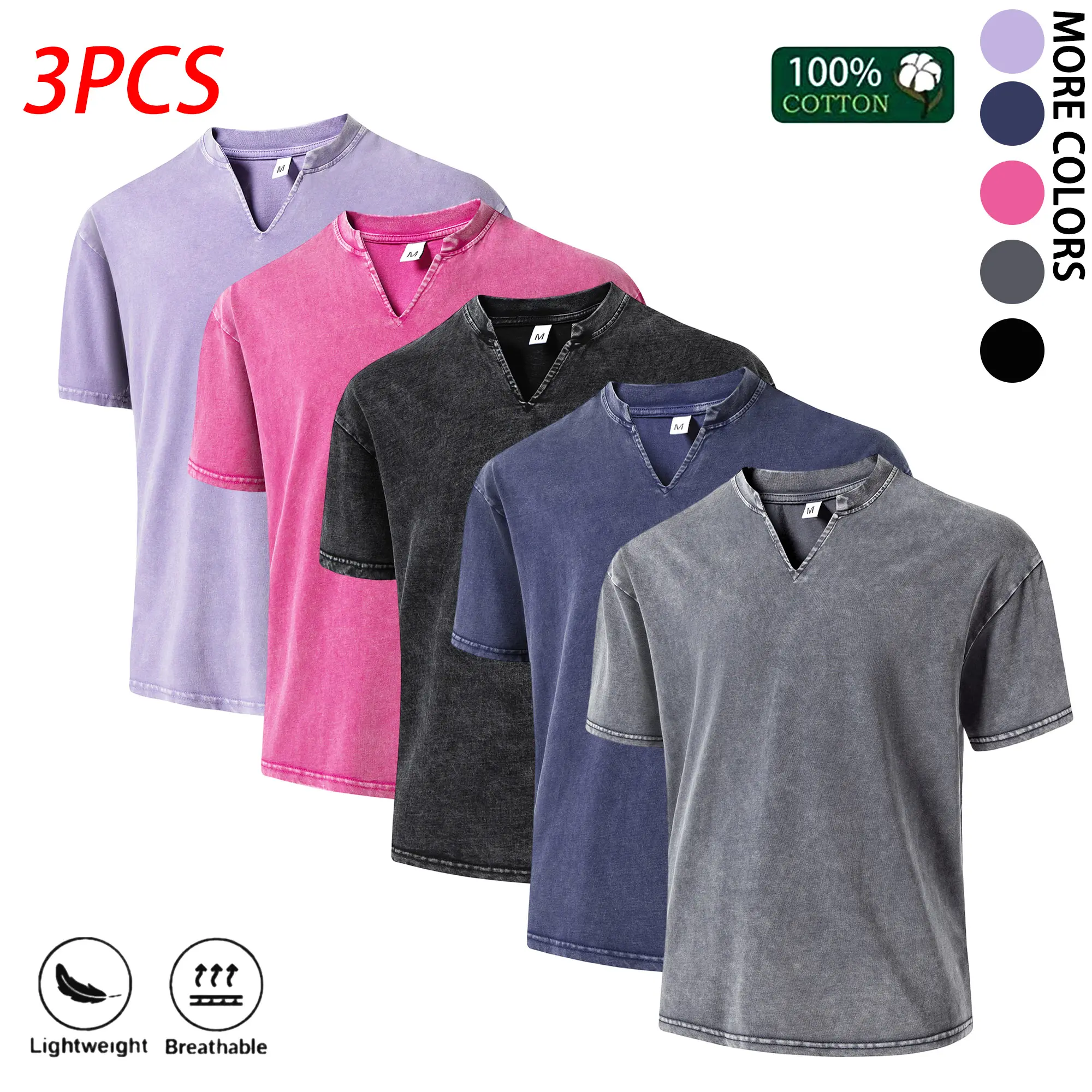 Unisex 4-pack soft pure cotton loose T-shirts with pockets, retro washed design, small V-neck short sleeves with side slits—summer everyday street casual base layer tops.