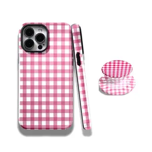 Pink Gingham iPhone Case Checkered Plaid ough Case, with iPhone 17 16 15 14 13 12 11 Plus Pro Max Samsung S25 S24 S23 S22 Plus Ultra