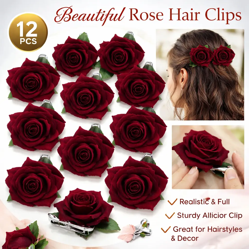 12 Pack Wine Red Rose Hair Clips – 2.8” Flower Hairpins, Mexican Floral Brooch for Women – Perfect for Wedding, Party, Daily Use