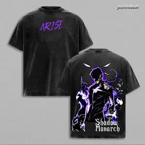 Solo Leveling Shadow Monarch Vintage Washed T-Shirt, Sung Jinwoo ARISE Dark Anime Tee, Oversized Purple Flame Streetwear Heavy Cotton Graphic Top Casual Round Neck
