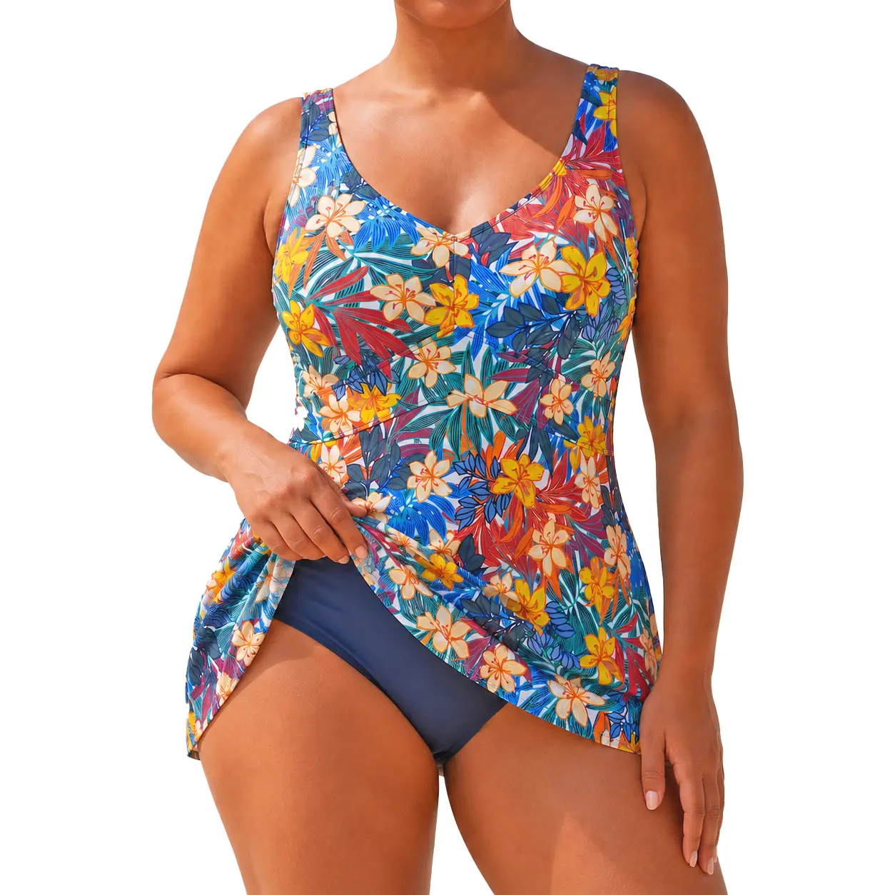 Women's Plus Size Swimdress 1-Piece Swimsuit with Matching Skirt, Floral Tummy Control, Full Coverage V-Neck Swimwear for Cruise, Beach 2026, Plus Size Swimsuits Floral Swimsuits Summer Swimdress Swimsuits Skirts Metal Design Cut Out Swimsuit