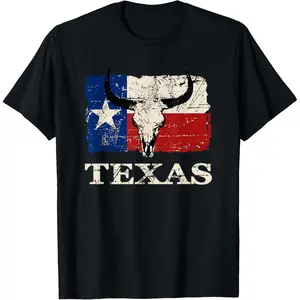 Texas Buffalo Skull Flag T-Shirt Retro Banner Ensign T-Shirt Pure Cotton Graphic Tees Menswear Top: Gifts for Men & Women