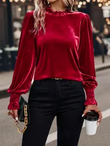 Women's Velvet Ruffle Lantern Sleeve Long Sleeve Shirt, Casual Daily Wear Top, Textured Fabric, Versatile Blouse for All Seasons，Christmas shirt，Stylish shirt