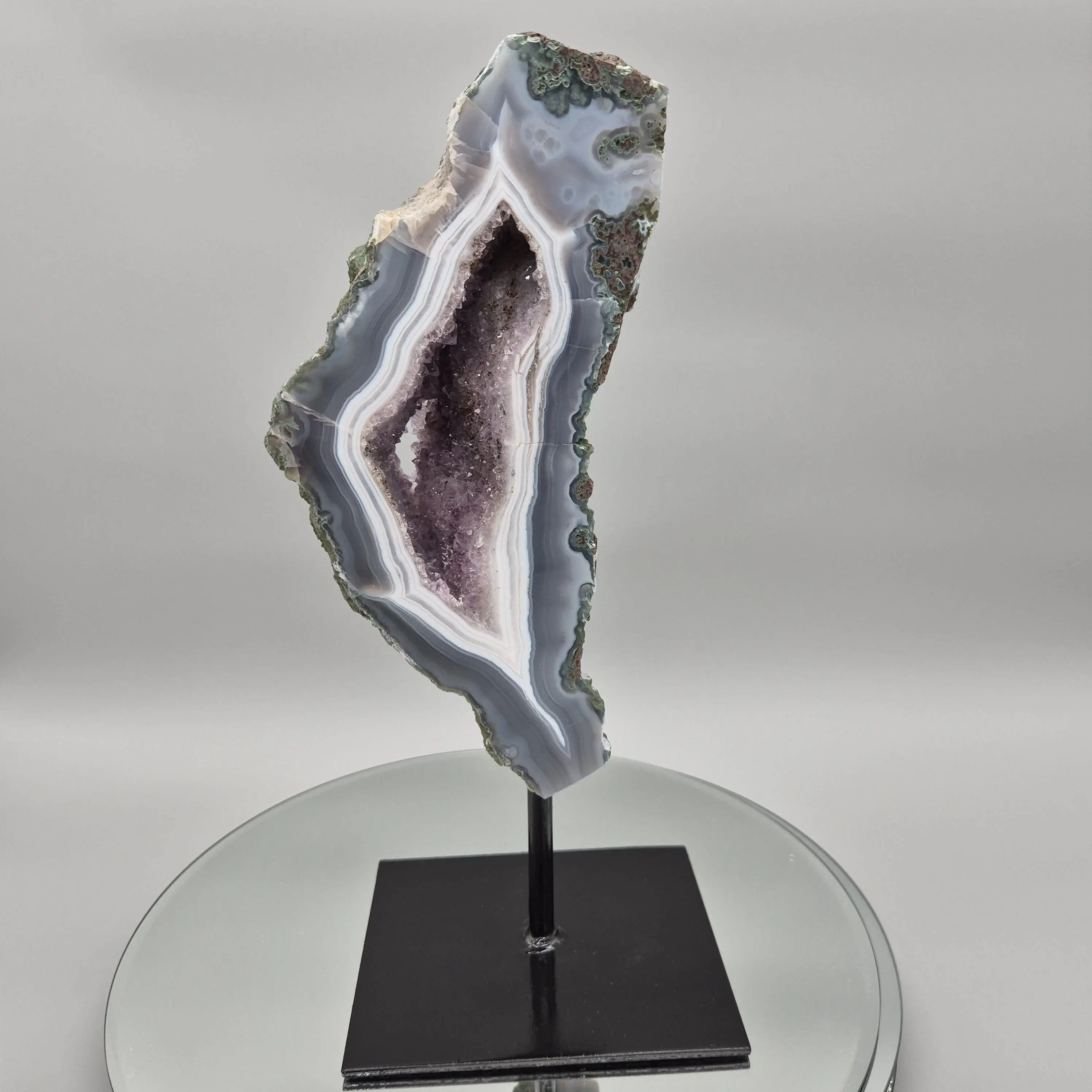 AAA+ Amethyst with Blue Banded Agate on Stand - Brazilian Amethyst Specimen with Natural Window - 13in Tall Crystal Display - 4.85 lbs