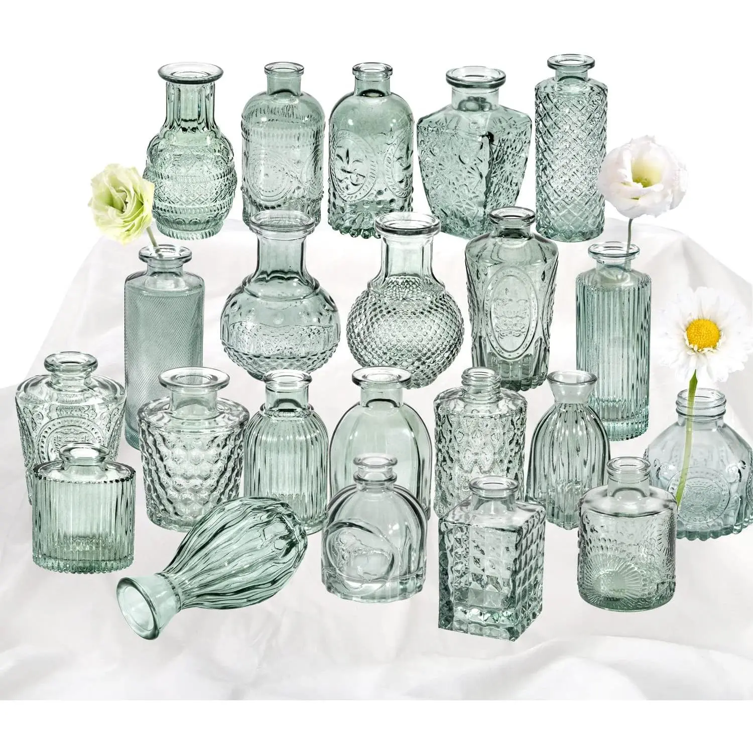 Green Glass Bud Vase Set of 22, Small Vases , Clear Glass Vases for Centerpieces, Mini Bud Vases in Bulk Rustic Wedding Decorations, Centerpieces,  Look  Table Flower Decor