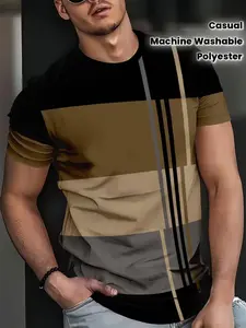 Men's Short Sleeve 3D Striped T-Shirt, Classic Casual Polyester Round Neck Top, All Seasons, Slim Fit, H-Type Silhouette