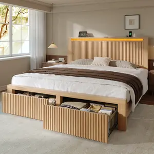 Raybee Full/Queen King Size Bed Frame with 2 Drawers and Mid-Century Modern Wooden Wavy Panel Headboard,Charging Station &LED Lights, Heavy Duty Steel Slats, Noise-Free, No Box Spring Needed,Easy Assembly,Wood