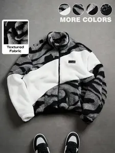 Unisex design, trendy couple's outfit, Y2K style with English patterns and street-style zebra print color-blocked fleece-lined Long Sleeves jacket for autumn and winter. Suitable for streetwear, Y2K fashion, high-street culture,ideal as a gift for men