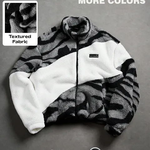 Unisex design, Casual, couple's outfit, Y2K style with English patterns and street-style zebra print color-blocked fleece-lined Long Sleeves jacket for autumn and winter. Suitable for streetwear, Y2K fashion, high-street culture, ideal as a gift for men