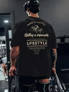 Men's 'let It Happen' Fitness T-Shirt, Motivational Lifestyle Street Style Short Sleeve, Geometric Pattern, Fitted Long Clothing