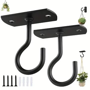 Easy Install 2pcs Black Wall Mount Hangers - Ceiling Hooks Hanging Plant Hanger for Plants, Bird Feeders & Decor, Lights, Lanterns & Wind Chimes