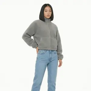 Women Grey Sherpa Fleece Crop Zip up Jacket by High Level HL