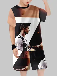 Boys Juventus Cr7 Large Number Short Sleeve Set, Colorblock Light Effect Print T-Shirt Shorts Two-Piece, Summer Casual Kids Clothing