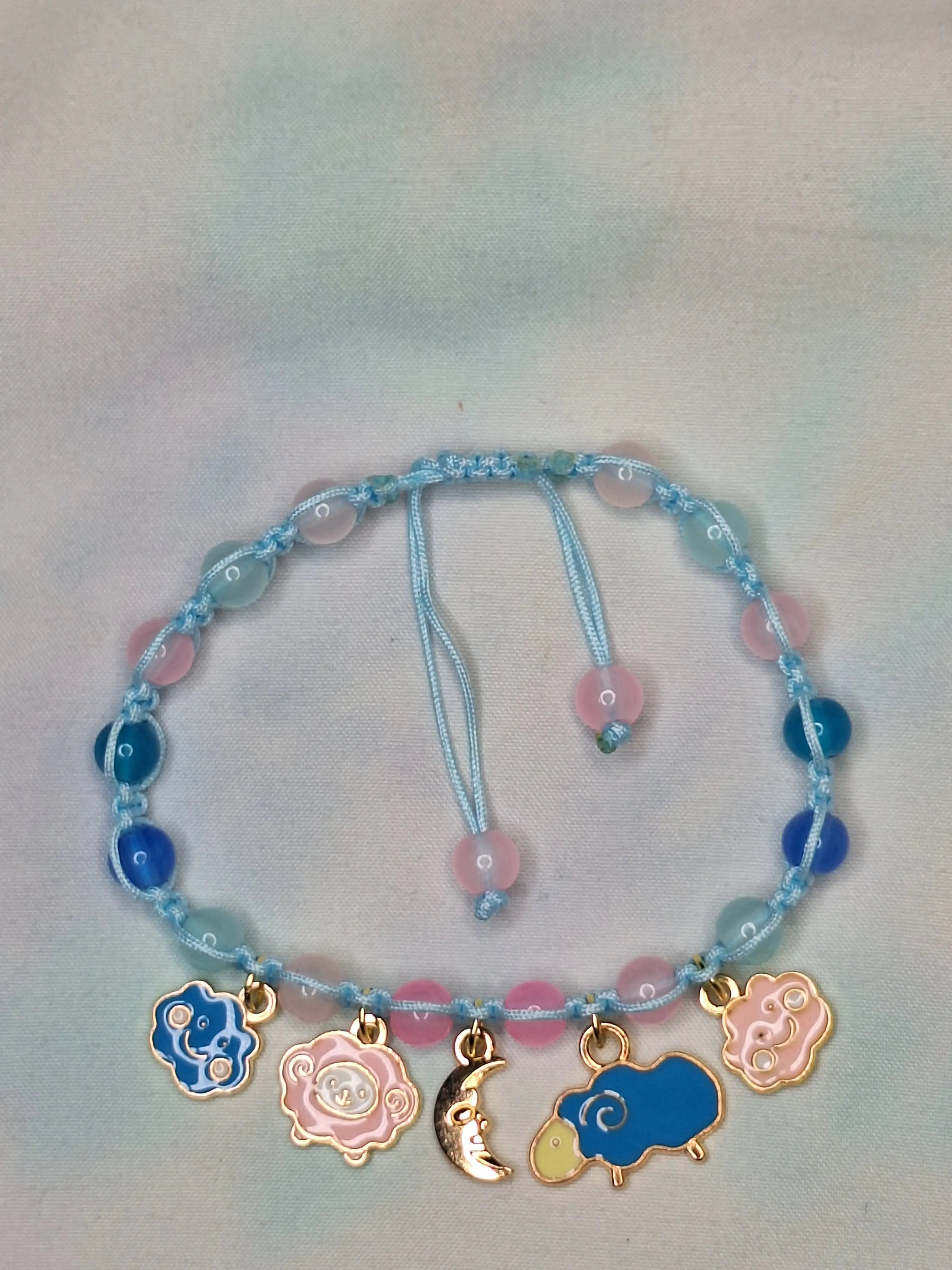 Handmade Macrame Bracelet - Kawaii Sweet Dreams with Cloud & Sheep Charms
