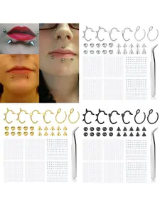 Women Men Fake Lip Ring and Nose Piercing Set, Nose Piercing Kit - Ball Spike, Hoop, Stud, Stick-on Bridge and Eyebrow Ring, Non Piercing Jewelry - Silvery, Golden, Black