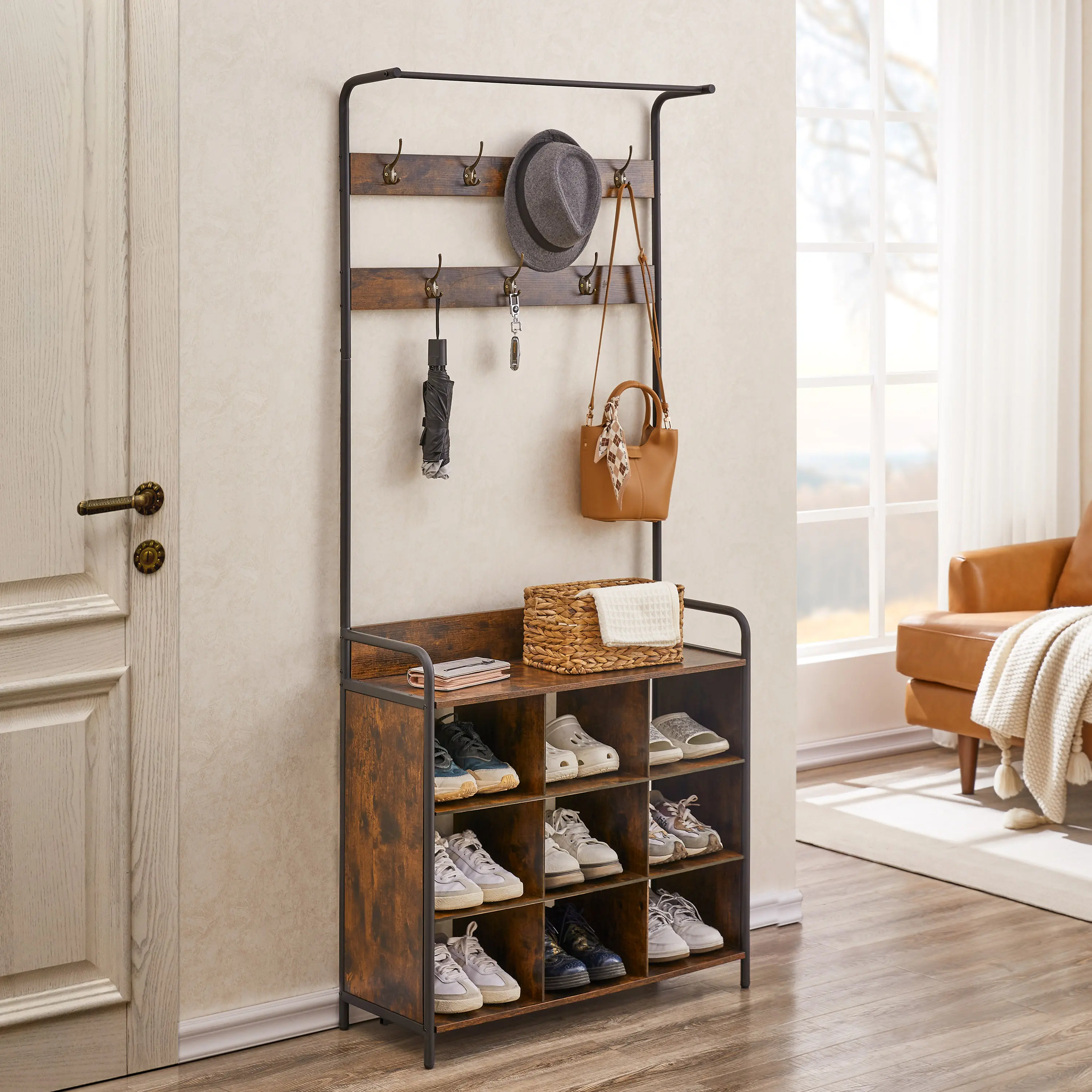 DOMISO Shoe Rack for Entryway, Hall Tree Coat Rack with 2 Movable Drawers, Shoe Storage, Shelves and Garment Racks, 5-in-1 Organizer Storage Rack