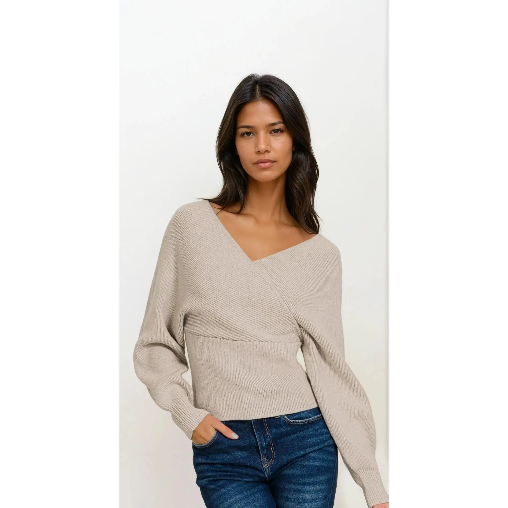 Cross Wrap Rib-Knit Long Sleeve Sweater