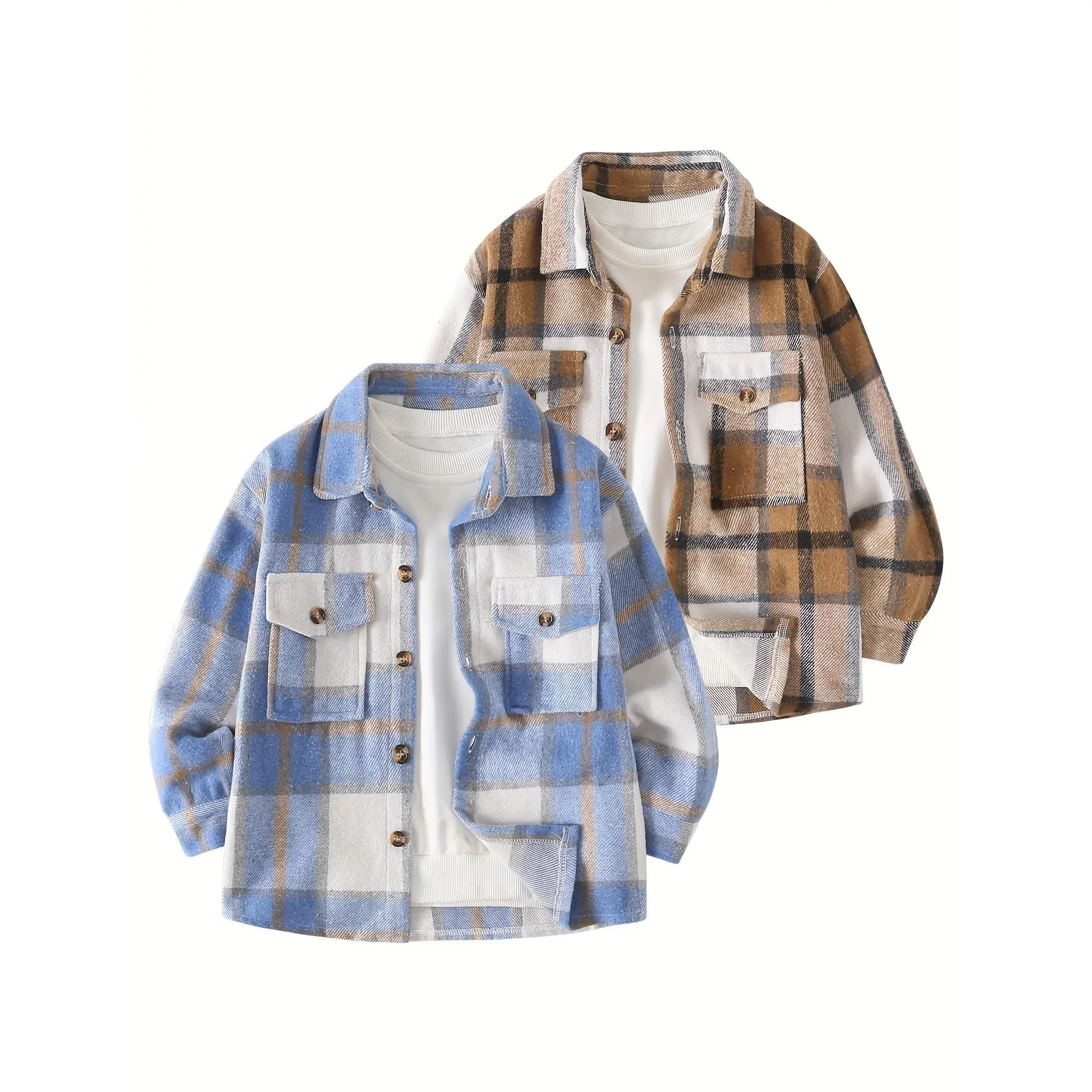 2-piece boy autumn plaid shirt coat 4-12 years old children's casual fashion Joker plaid coat Outerwear Coats Lapel Neckline Coat