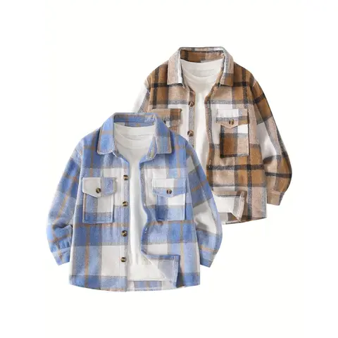 #falloutfits  2-piece boy autumn plaid shirt coat 4-12 years old children's casual fashion Joker plaid coat Outerwear Coats Lapel Neckline Coat