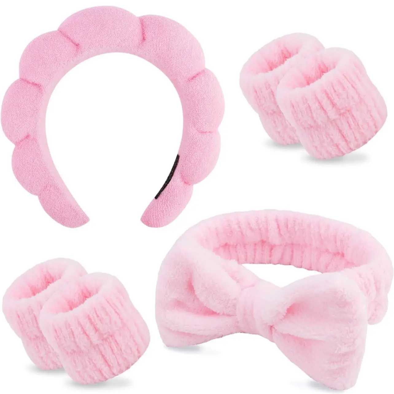 Bubble Headband and Bowknot hair band & Wristband Set Face wash Skincare Headband Pink Puffy Makeup Headband Face Wash Headband Sponge Hair Band Wrist Bands for Washing Face Skin Care Teen Girl Gifts Trendy Stuff