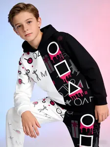 Trendy Kids Squid Game Set, Graffiti Hoodie and Pants, Unisex Spring Fall Sport Two-Piece, Casual Slim Fit