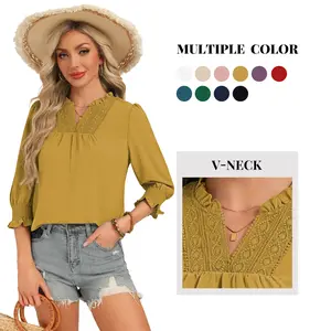 Women's 3/4 Length Sleeve Blouse Ruffle V Neck Lace Crochet Top with Smocked Cuffs Soft Airy Textured Fabric for Dressy & Casual Wear Multiple Colors #Springfresh