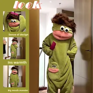 Big Mouthed Monster Jumpsuit| Thickened Warm Coral Fleece Home Clothes, Winter Plush Funny Nightgown, Abstract and Funny Pajamas, Polyester and Acrylic, Mixed Color, Vintage Style, Hand Wash Only