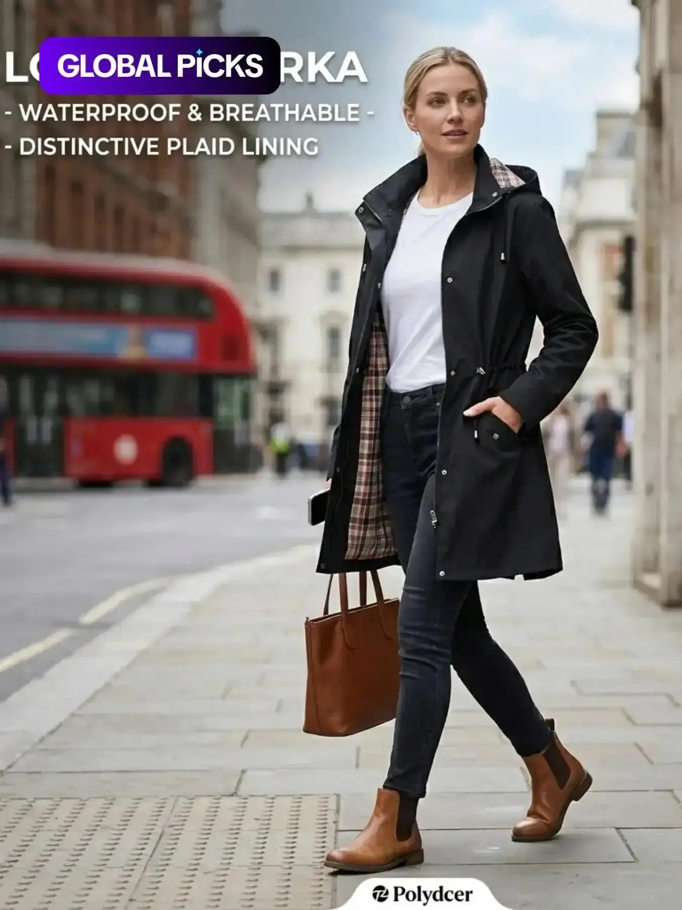 Women's Solid Color Drawstring Zip Up Hooded Trench Coat Raincoat, Casual Long Sleeve Waterproof Windproof Breathable Outerwear for Spring & Fall, Ladies Clothes for Daily Wear