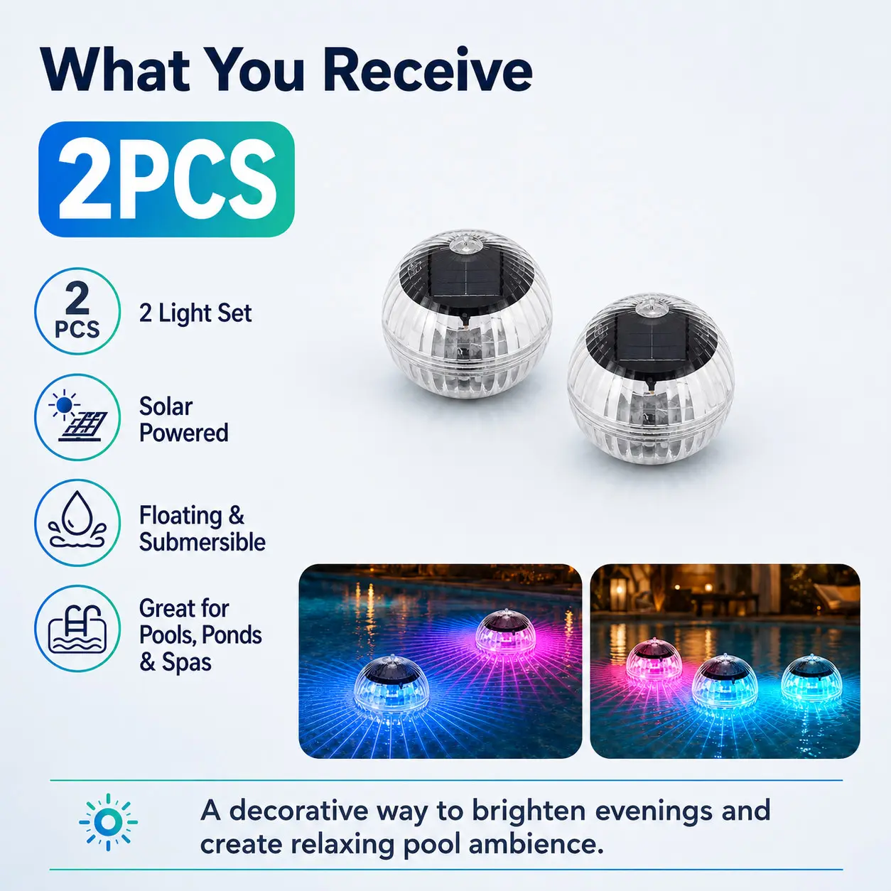 2pcs Night Light Swimming Pools Solar Floating Pool Lights, Solar Submersible LED Light, Outdoor Solar LED Floating Light Garden Pond Pool Lamp Color Changing, Lighting, Great for party pool decoration, home, garden, Garden Supplies