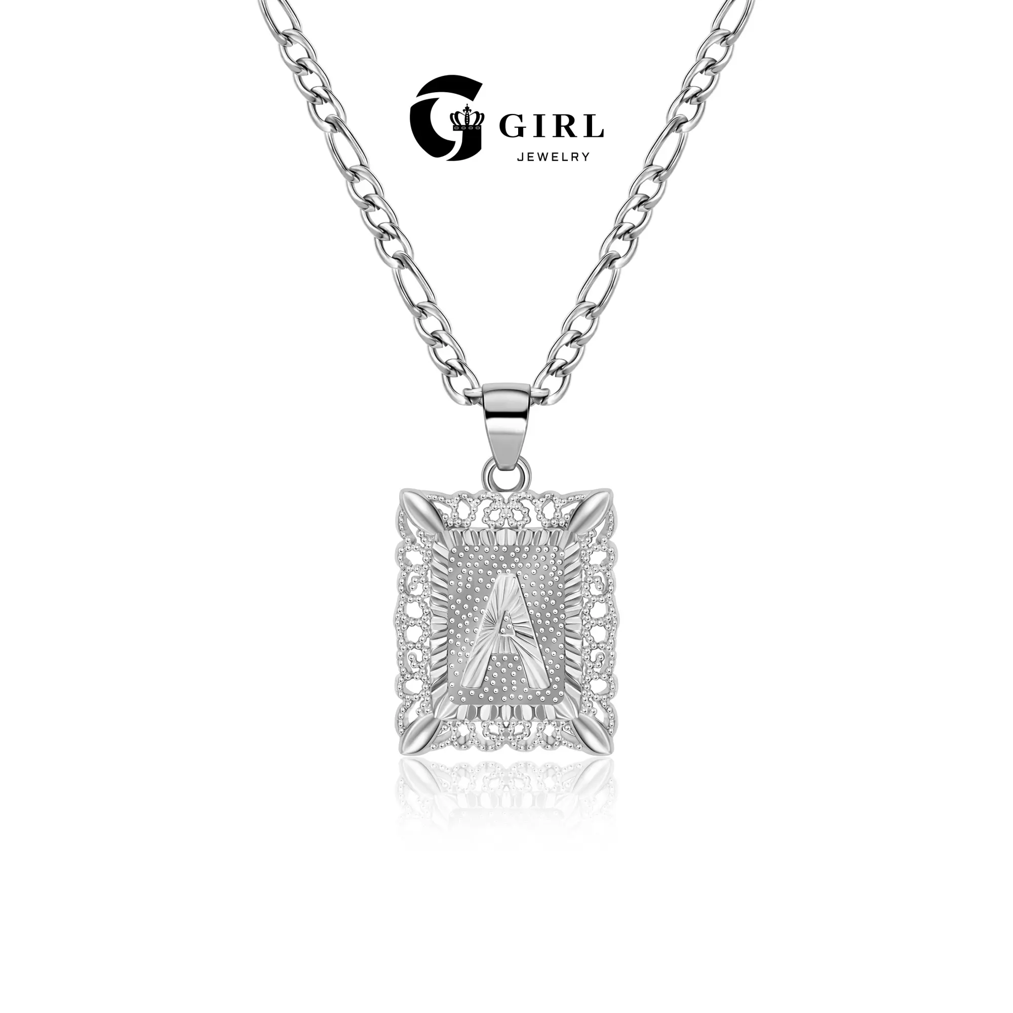 GGIRL Retro Simple Casual Silver-Color Initial Letter Square Pendant Necklace for Men and Women, Gothic Capital Monogram Necklace Alphabet from A-Z Figaro Chain Necklace,Trendy Daily Verstaile Jewelry Present For Her