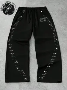 Men's Loose-Fit Rhinestone Jacquard Long Pants, Trendy Casual Wear for Spring, All-Season Moderate Fabric, Comfortable Fit