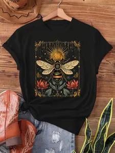 Plus Size - Plus Size - Vintage Women'S Beekeeper Card Graphic Tee - Featuring a Golden Glitter Bee And Red Lotus Design, This Short Sleeve Round Neck Casual Top Is Semi-Transparent, Suitable for All Seasons, Machine Washable, Enigmatic Apparel