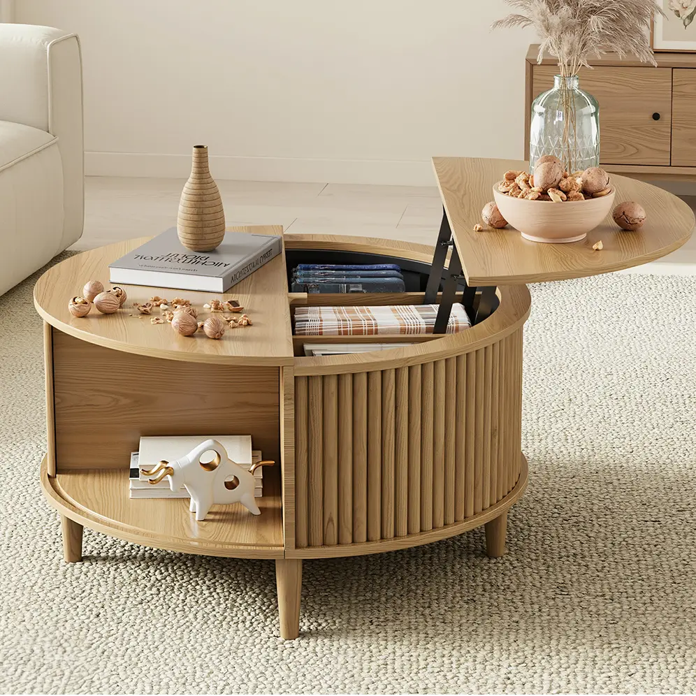 ABCASA 31.5" Round Lift-Top Modern Compact Coffee Table - Fluted Wooden Tabletop Living Room Table with Hidden Storage & Sliding Door, Multifunctional for Apartments 【SALE】, Living Room Tables, Round Coffee Tables