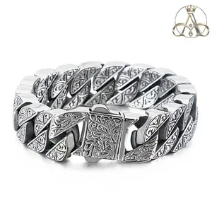 Aurelia Crest 17mm Punk Chunky Curb Cuban Thick Chain Bracelet Men's Stainless Steel Mysterious Symbol Charm Armband  Jewelry