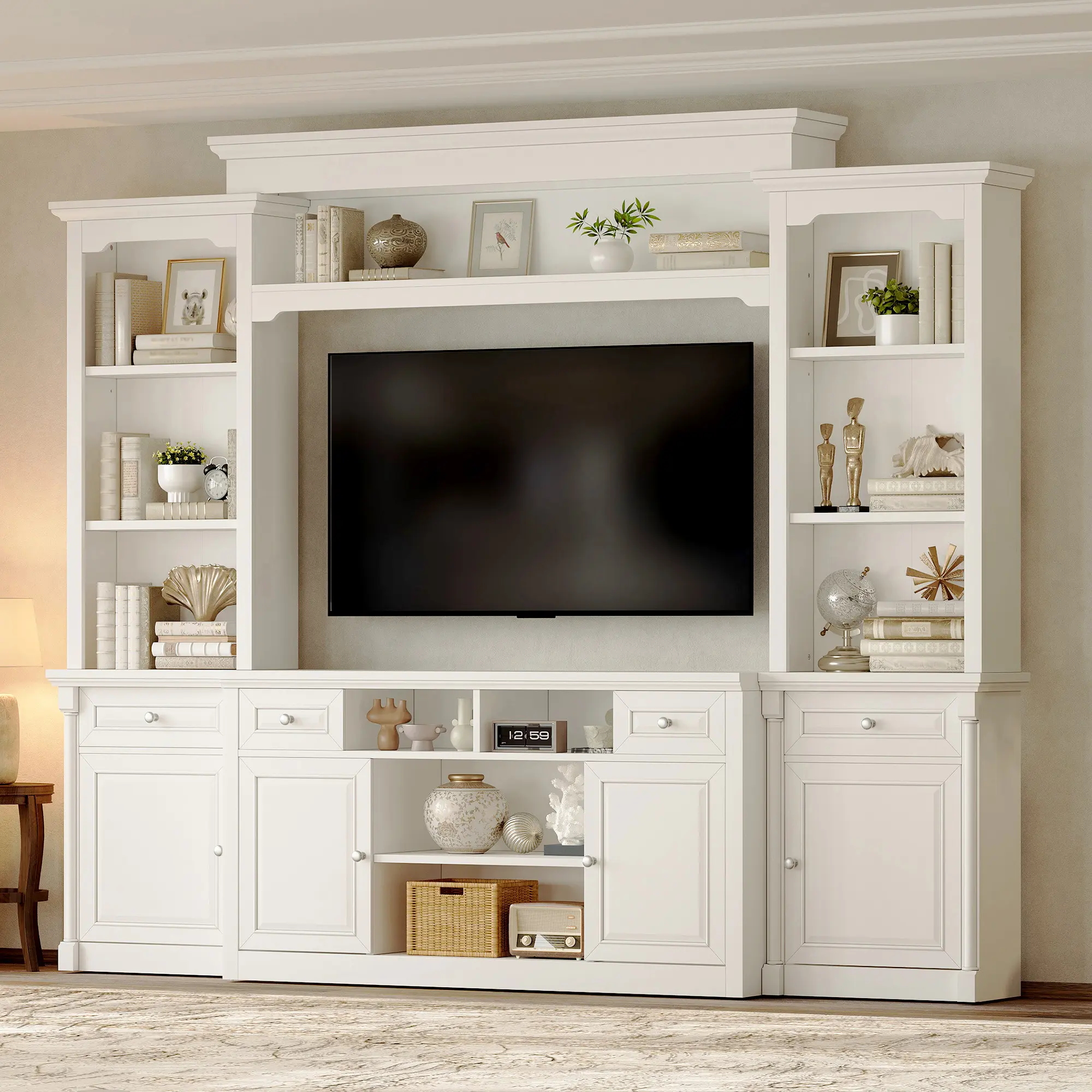 [Ships in 2 Boxes] AMERLIFE 102.8" Wall Unit Entertainment Center with Bookshelves for TVs up to 75", Multifunctional TV Stand Media Console Table with Cabinet & Storage Drawer & Adjustable Shelf for Living Room[tiktokshopbacktoschool][SohoChic]