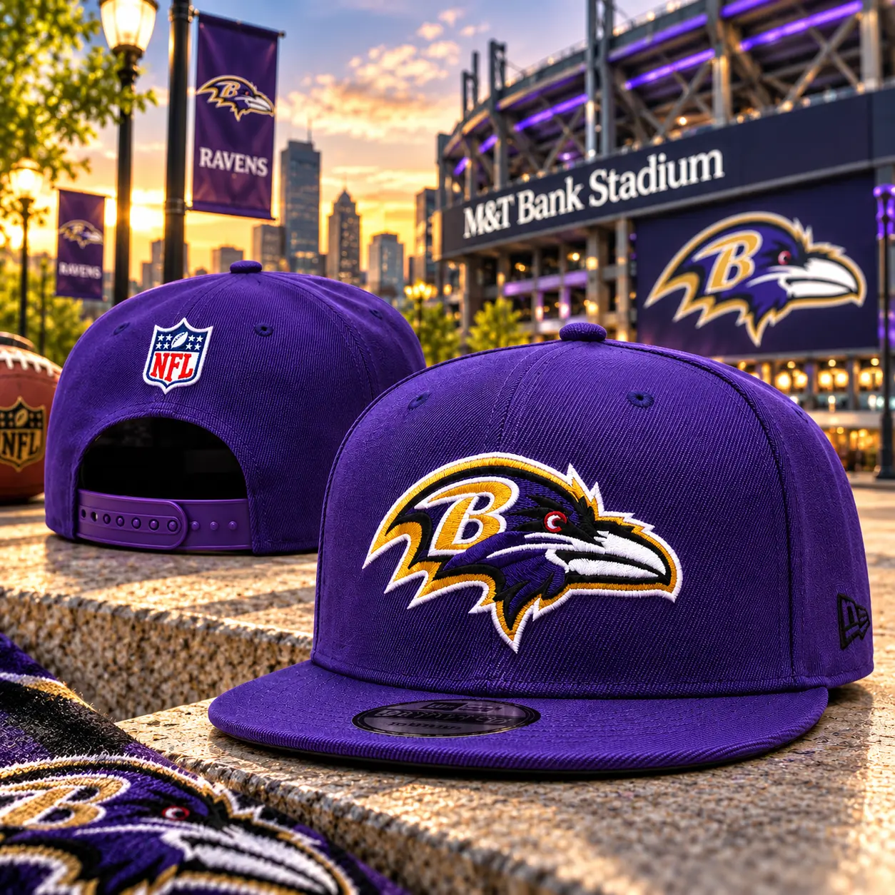 Ravens Purple Snapback Hat – NFL Football Embroidered Logo Flat Brim Adjustable Cap, Unisex Sports Streetwear
