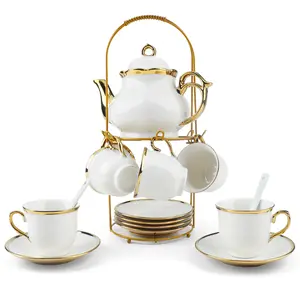 20 Pack Porcelain Tea Set with Metal Rack - Includes 6 Cups, 6 Saucers, 6 Spoons 1 Teapot, and 1 Tray for Elegant Tea Time