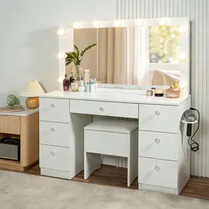 [Christmas] Vanity Table with LED Mirror, Charging Station & Crystal Knobs - 7-Drawer Makeup Dressing Table with Lighted Mirror, Outlets, USB Ports, Stool, Modern White Furniture for Bedroom