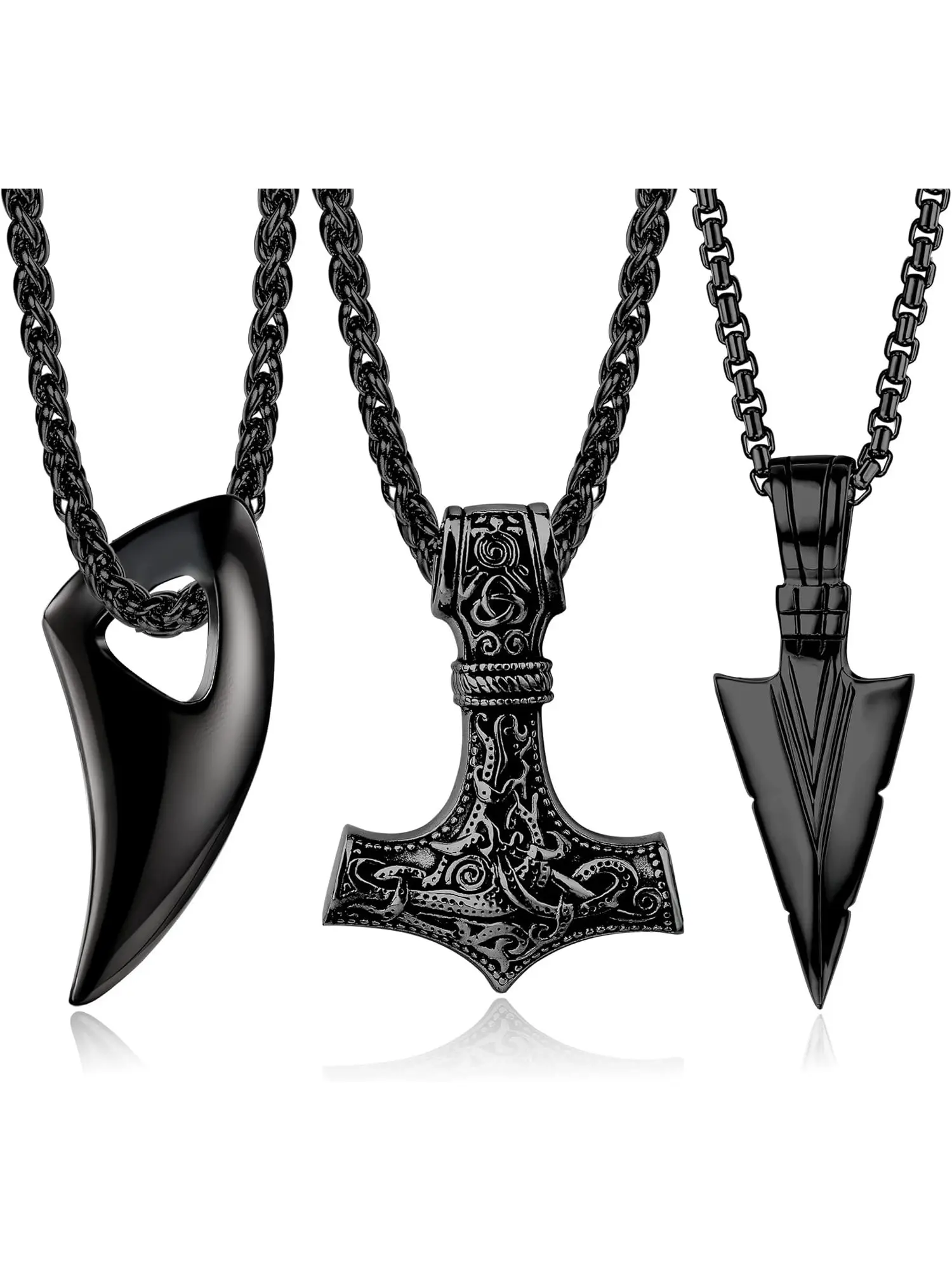 3Pcs Viking Necklace Men's Thor's Hammer Pendant Stainless Steel Mjolnir Wolf Tooth Amulet 60 cm Chain Silvery/Black Nordic Thors Necklace Viking Men's Gift Jewellery Stainless Steel Necklaces