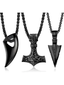 3Pcs Viking Necklace Men's Thor's Hammer Pendant Stainless Steel Mjolnir Wolf Tooth Amulet 60 cm Chain Silvery/Black Nordic Thors Necklace Viking Men's Gift Jewellery