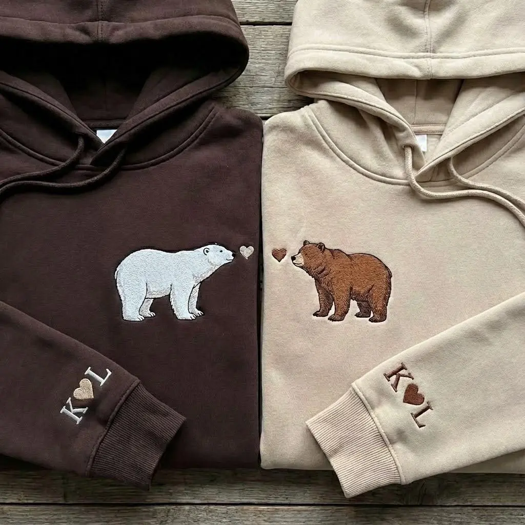Personalized Sleeve Embroidered Matching Boyfriend Girlfriend Cute Bear Couple Hoodie, Sweatshirt Valentines Day Gift, Long Distance Relationship, Lover Anniversary Present