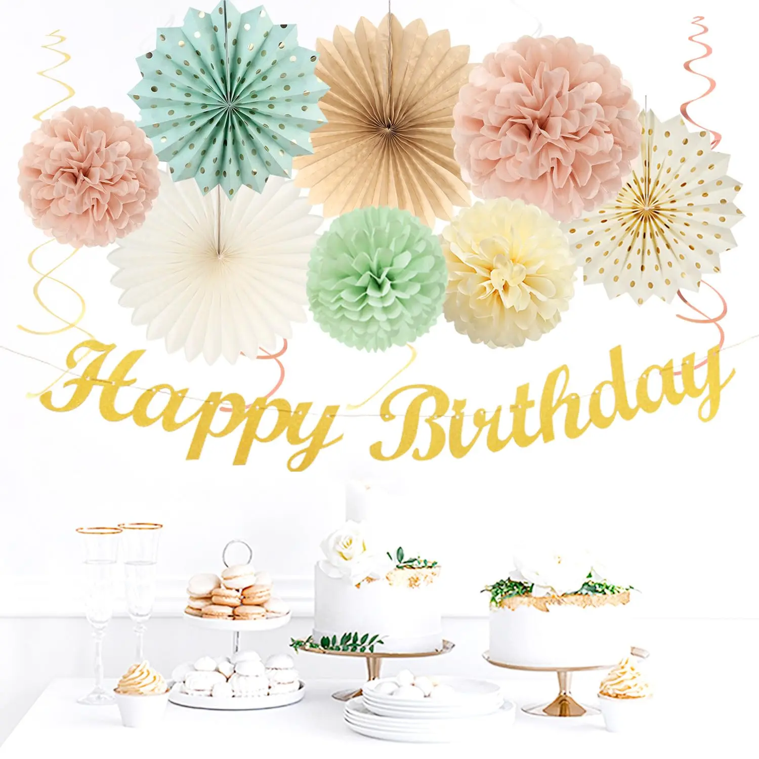 Sage-Green Blush-Pink Beige Birthday Decor - 21pcs Banner, Cream Light Dusty Pink Lanterns Pom Poms Garland