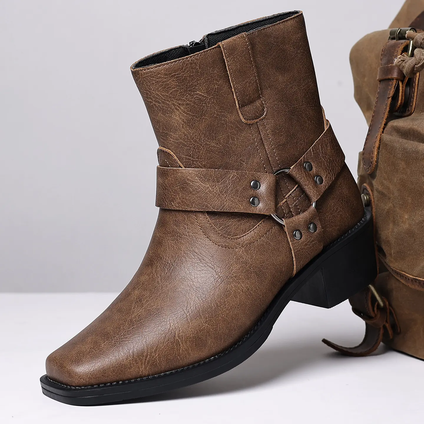 Men's Harness Cowboy Boots - Vintage Retro Punk Classic Premium Vegan Leather Side Zip Comfort Riding Ankle Shoes, Men's Work Walking Footwear