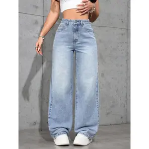 Women's Pocket Design Wide Leg Loose Casual Versatile Denim Jeans