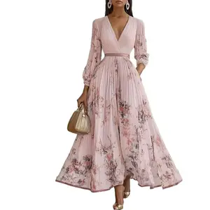 Elegant Olive Green V-Neck A-Line Formal Maxi Dress with Floral Lace Appliqu��, Ruffled Bodice & Slit Hem - Machine Washable Women's Wedding Womenswear Workwear Bohemian Boho