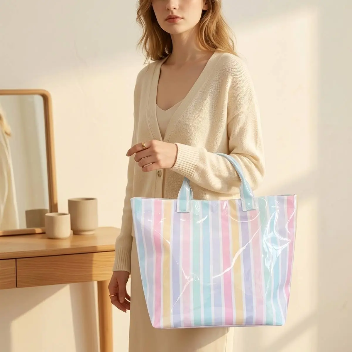 Women's Casual Striped Lightweight Large-Capacity Tote Bag - Magnetic, Colorful, Double-Handle Top-Handle Durable PVC Blend Polyester Handbag for Daily Commuting, Holiday Use; Note: Do Not Wash