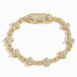 10mm Iced Out Cross Flower Cuban Link Chain Bracelet for Men Hip Hop Cross Bracelrt for Women