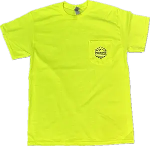 Mens Pocket T-Shirt - Safety Yellow - Distressed Perkins Builder Brothers Logo