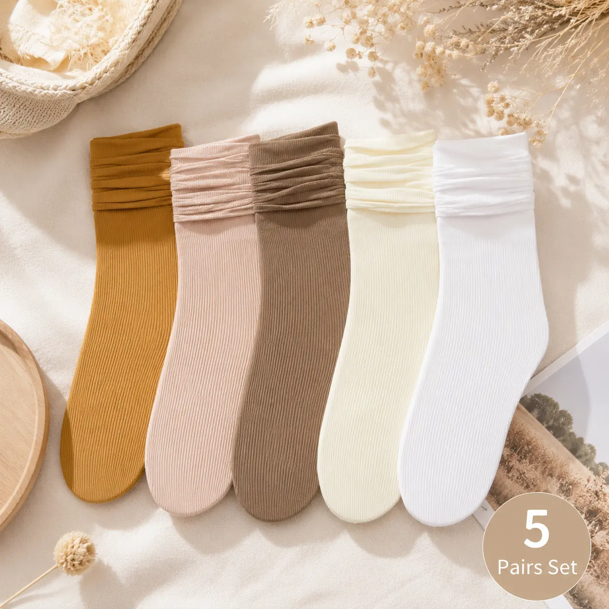 5 Pairs Ribbed Slouch Crew Socks for Women, Soft Breathable Mid-Calf Casual Socks White Scrunch solid